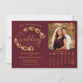 Gold Leaves on Burgundy Photo & Calendar Wedding セーブザデート (正面)