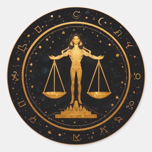 Gold Libra Zodiac Scales ラウンドシール (正面)