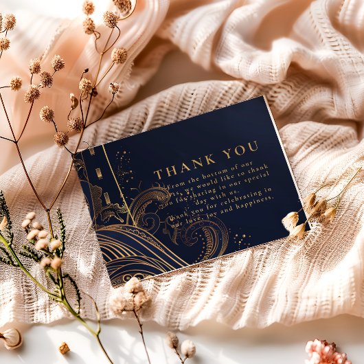 Gold Lighthouse Night Wedding サンキューカード