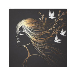 Gold Line Art Woman with Flying Birds on Black メタルプリント