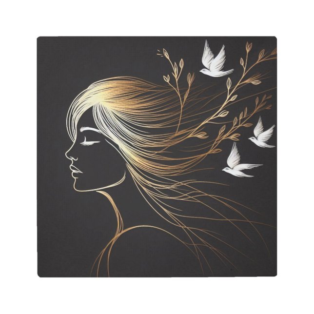 Gold Line Art Woman with Flying Birds on Black メタルプリント (正面)