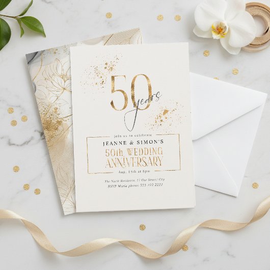 Gold Line Floral 50th Anniversary ID1169 招待状