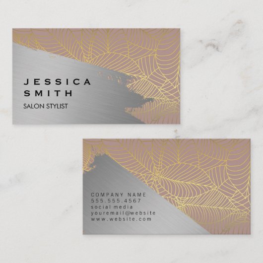 Gold Line Leaf Pattern | Silver Brushed 名刺 (正面/裏面)