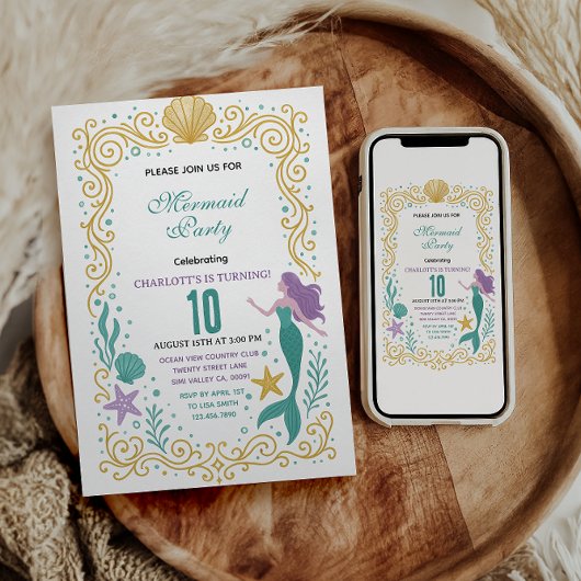 Gold Little Mermaid 10th Birthday  Under the sea  招待状