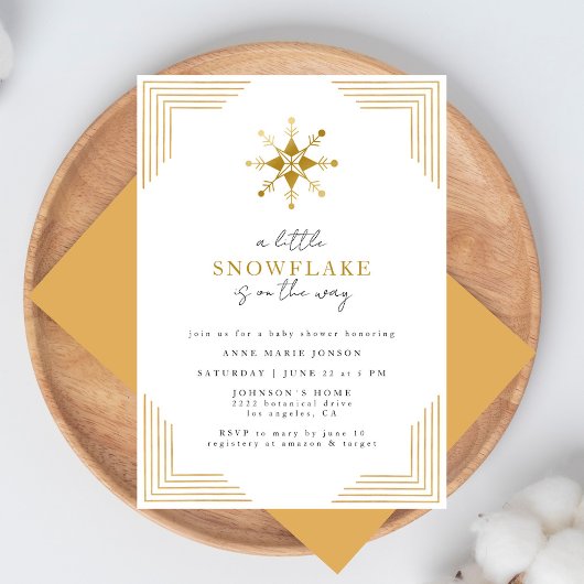 Gold Little Snowflake Minimal Elegant Baby Shower 招待状