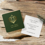 Gold lotus | Green | wellness spa massage yoga スクエア名刺<br><div class="desc">Elegant business cards for yoga studio, massage studios, massage therapy, spas or wellness professionals feature a faux gold foil lutus flower illustration .on a chic hunter green background. Customize the front with two lines of custom text and add your full contact details to the back using the template. A chic...</div>