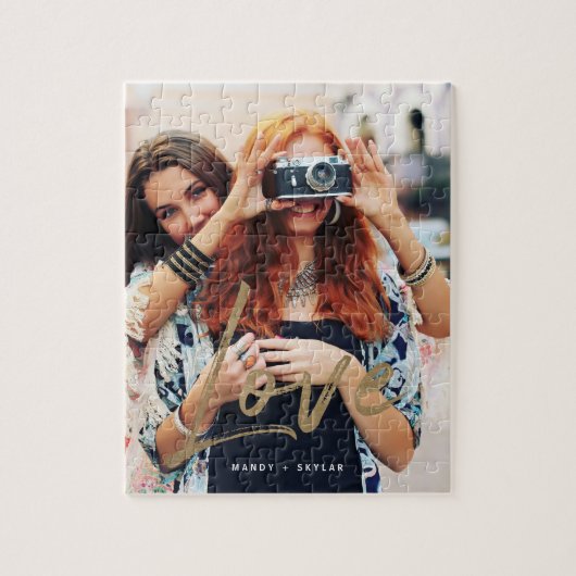 Gold Love Brush Script Overlay Couple Photo Memory ジグソーパズル (縦)