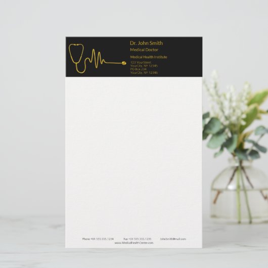 Gold Luxury Stethoscope ECG Wave EKG Line Medical 便箋 (スタンド正面)
