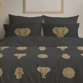 Gold Mandala Elephant Hamsa Hand - Reversible Boho 枕カバー