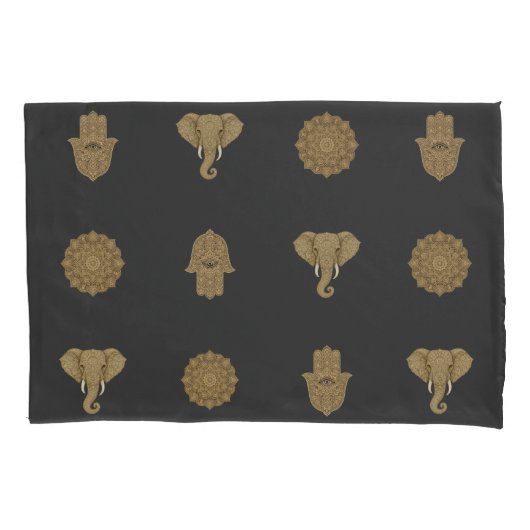 Gold Mandala Elephant Hamsa Hand - Reversible Boho 枕カバー (正面)