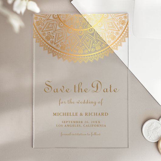 Gold Mandala Indian Wedding Save the Date アクリル招待状