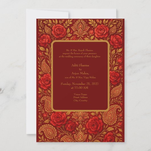 gold Maroon Rose mango Paisley Hindu Wedding  招待状 (正面)