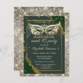 Gold Masquerade Glitter Green Sweet 16  招待状 (正面/裏面)