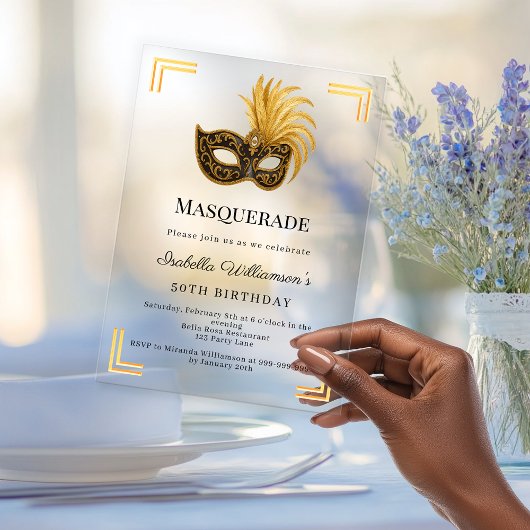 Gold Masquerade luxury clear birthday party アクリル招待状