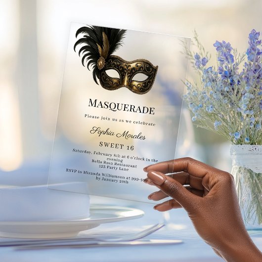 Gold Masquerade party Sweet 16 アクリル招待状