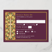 Gold Mauve Medieval Floral Sword Wedding RSVP 箔招待状 (正面)