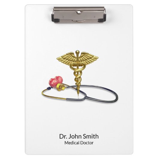 Gold Medical Caduceus & Stethoscope with Heart クリップボード (正面)