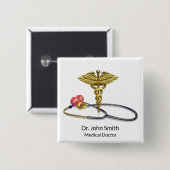 Gold Medical Caduceus & Stethoscope with Heart 缶バッジ (正面&裏面)