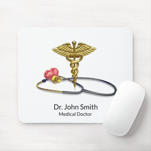 Gold Medical Stethoscope & Caduceus with Heart マウスパッド (マウス)