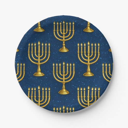 Gold Menorah Pattern Hanukkah ペーパープレート (正面)