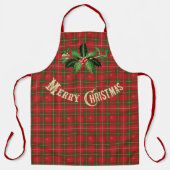 Gold Merry Christmas Scottish Plaid with Holly エプロン (正面)