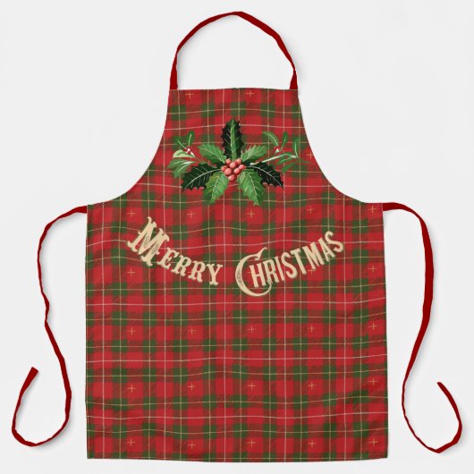 Gold Merry Christmas Scottish Plaid with Holly エプロン (正面)