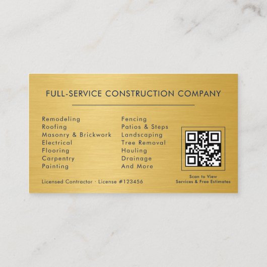 Gold Metal Building Construction QR Code Navy Blue 名刺 (裏面)