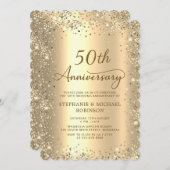 Gold Metallic Glitter 50th Wedding Anniversary 招待状 (正面/裏面)