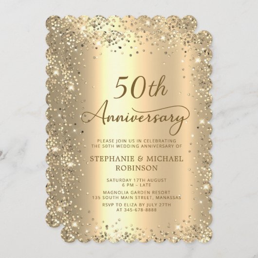 Gold Metallic Glitter 50th Wedding Anniversary 招待状 (正面/裏面)
