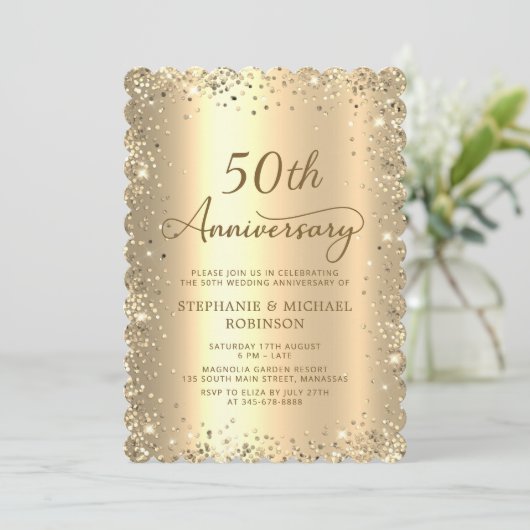 Gold Metallic Glitter 50th Wedding Anniversary 招待状 (スタンド正面)