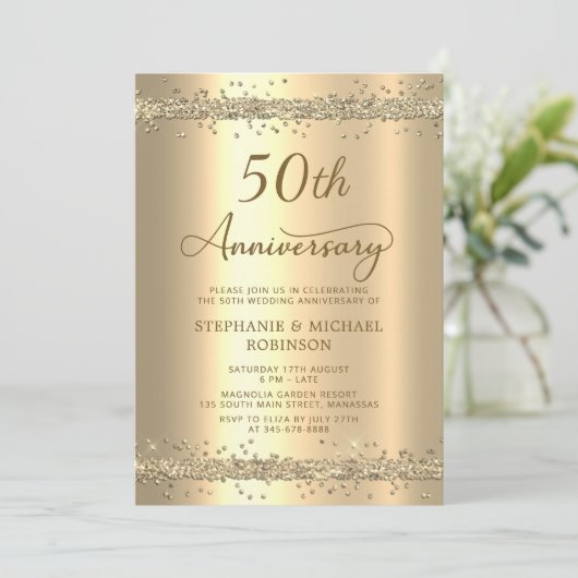 Gold Metallic Glitter 50th Wedding Anniversary 招待状 (スタンド正面)
