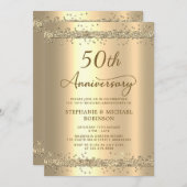 Gold Metallic Glitter 50th Wedding Anniversary 招待状 (正面/裏面)