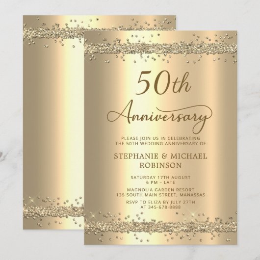 Gold Metallic Glitter 50th Wedding Anniversary 招待状 (正面/裏面)