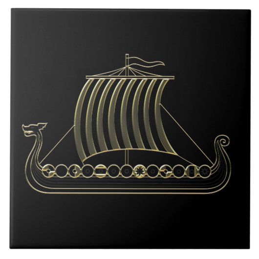 Gold Metallic Outline of Viking Longboat Tile タイル (正面)