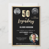 Gold Metallic Surprise 3 Photo 50th Birthday 招待状 (正面)