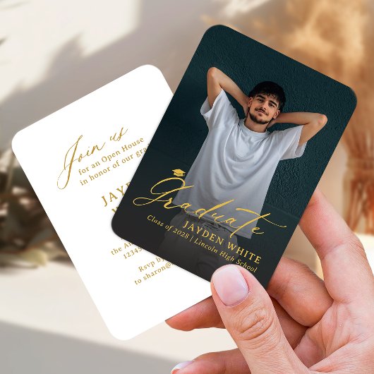 Gold Mini Modern Script Photo Graduation エンクロージャーカード