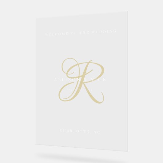 Gold Minimal Monogram Clear Wedding Entry アクリルサイン (傾斜)