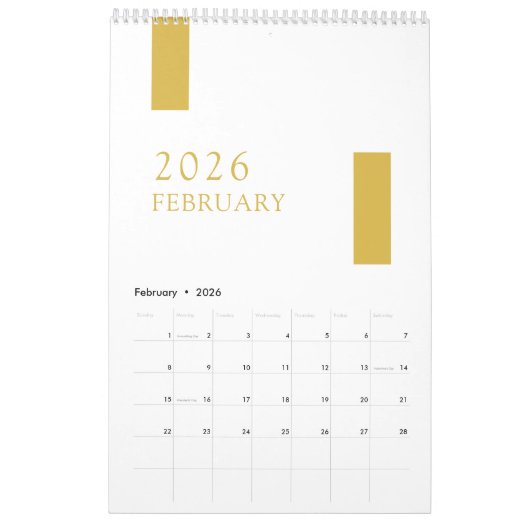 Gold Minimalist Modern 2026 Wall Calendar カレンダー (2月 2026)
