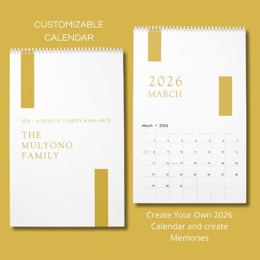 Gold Minimalist Modern 2026 Wall Calendar カレンダー