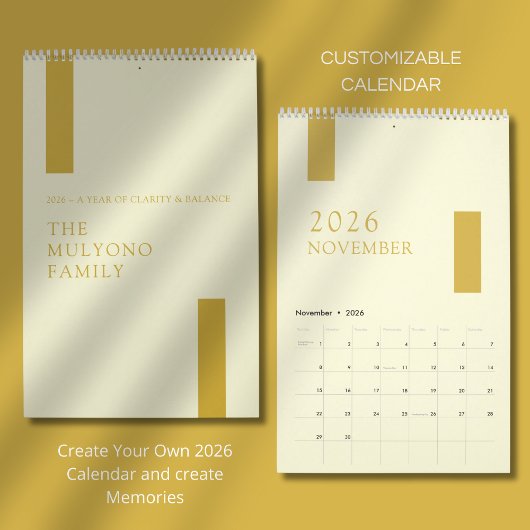 Gold Minimalist Modern 2026 Wall Calendar カレンダー