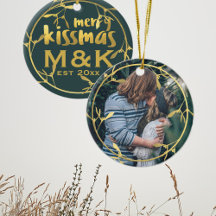 Gold Mistletoe Wreath Photo Ceramic Ornament