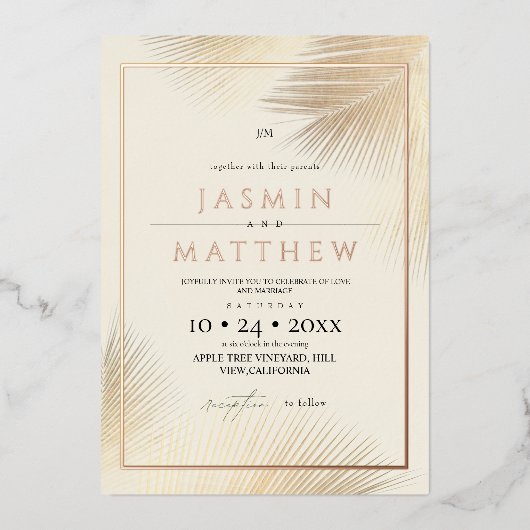 Gold Modern Beach Coastal Palm Wedding  箔招待状 (正面)