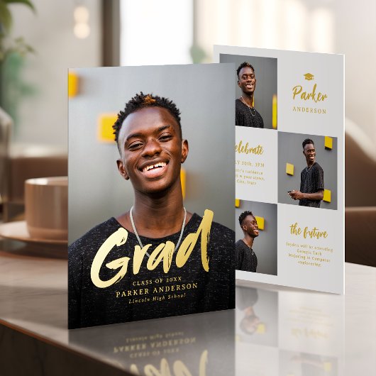 Gold Modern Brush Script Photo Graduation 箔招待状