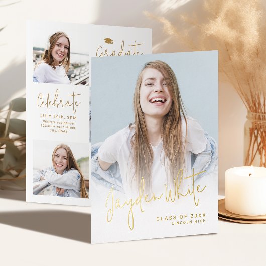 Gold Modern Script 4 Photo Graduation Announcement 箔招待状