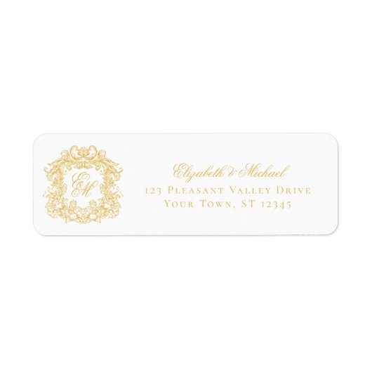 Gold Monogram Crest Wedding Return Address ラベル (正面)