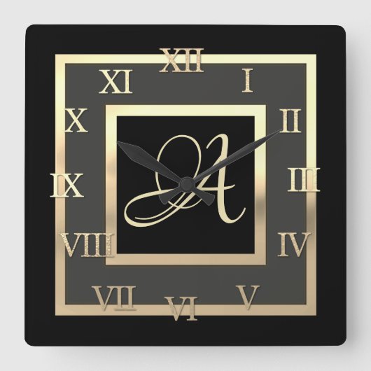 Gold Monogram Initial Framed Any Color Roman Num スクエア壁時計 (正面)
