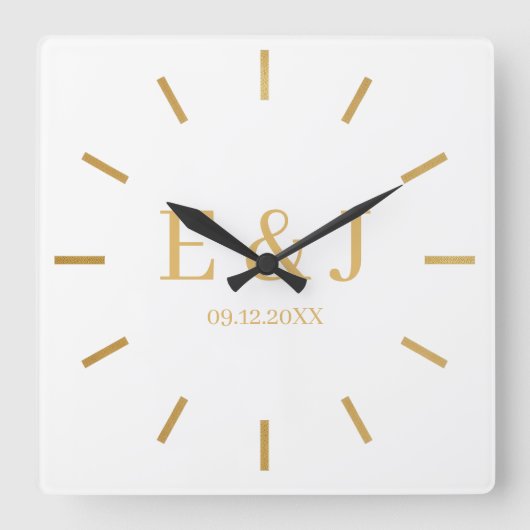 Gold Monogram Initials Square Wall Clock スクエア壁時計 (正面)