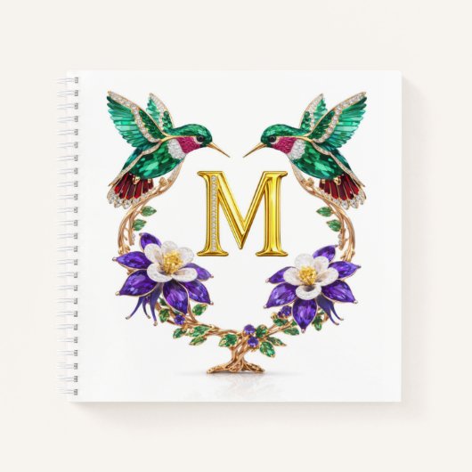 Gold Monogram M Hummingbird Jeweled Wedding ノートブック (正面)
