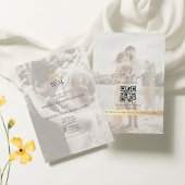Gold Monogram Photo QR Code Wedding 招待状