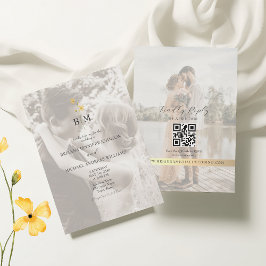 Gold Monogram Photo QR Code Wedding 招待状